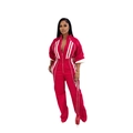 Red sports jumpsuit with white stripes, stand collar zipper, and casual style for women - S / Red