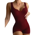 Burgundy sleeveless ribbed knit bodysuit for women with a notched V-neckline and slim fit - Burgundy