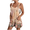 Women's floral print summer jumpsuit with V-neck, wide straps and side pockets - S / Placement Print - Yellow