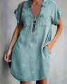 Women's light blue denim lapel dress with zipper ring puller and loose fit silhouette - S / Dresses / Lake Blue