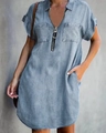 Women's light blue denim dress with V-neck zipper, short sleeves and utility pockets - S / Dresses / Gray