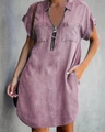 Relaxed fit short sleeve denim shirt dress with lapel collar and front zipper detail - S / Dresses / Burgundy
