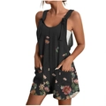 Close-up of floral print summer romper featuring shoulder bows and functional front pockets - S / Placement Print - Black