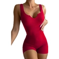 Detail of red ribbed bodysuit featuring deep V-neckline and textured knit fabric - XS / Set / Red