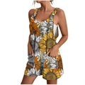 Detailed view of women's summer sunflower print romper with large front pocket design - S / Set / Sunflower Print