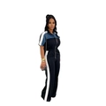Dames tricolore patchwork jumpsuit met opstaande kraag, korte mouwen en wijde broekspijpen - S / Zwart