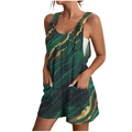 Detail of green marble print romper with adjustable tie straps and large side pockets - S / Dark Green Marble Print (Bottom)