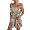 Detail of loose fit V-neck jumpsuit featuring marble print and large side pockets - S / Gray-Brown Marble Print (Bottom)