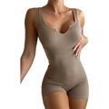Close-up of khaki knitted ribbed bodysuit featuring a deep U-neck and slim fit texture - Khaki