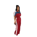 Rode jumpsuit voor dames met blauwe denim patches en witte zijstrepen - S / Rood