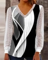 Women V-neck long sleeve top with geometric print and sheer lace patchwork sleeves - S / Tops / Gray