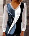 Women's V-neck long sleeve top with geometric print and white lace crochet detailing - S / Tops / Purple