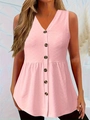 Dettaglio del top rosa senza maniche con scollo a V, tessuto strutturato e bottoni scuri - Taglia S / Top / Rosa