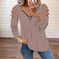 Top de manga larga para mujer con cuello en V y cremallera con hombros descubiertos - S / Tops / Rosa