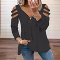 Top negro de manga larga para mujer con cuello en V con cremallera y hombros descubiertos - S / Tops / Negro