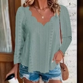 Close-up of sage green scallop neckline and hollow eyelet embroidery on long sleeves - S / Tops / Green