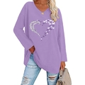T-shirt manches longues violet pour femme avec col en V et motif cœur papillon automne 2025 - Violet