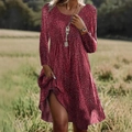 Vestido burdeos con lunares de manga larga, cuello redondo y dobladillo plisado - S / Burdeos