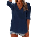 Maglia a maniche lunghe blu scuro da donna con scollo a V con cappuccio e tasca a marsupio - Taglia S / Blu navy