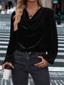 Detail of elegant black velvet cowl neck long sleeve top with urban street style - Black