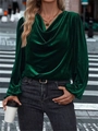 Detail of dark green velvet top featuring elegant cowl neck and vintage lantern sleeves - Green
