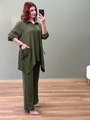 Dunkelgrünes Damen-Plissee-Set mit unregelmäßigem Hemd und weiter Hose im 2er-Pack - S / Grün