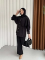 Ensemble chic pour femme avec chemise cape en dentelle noire et pantalon large fluide - Noir