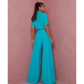 Set due pezzi donna con camicia corta verde acqua e pantaloni a gamba larga a vita alta - S / Celeste