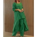 Ensemble deux pièces vert pour femme en coton et lin avec haut à ourlet asymétrique - Vert