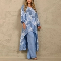 Floral print two-piece set featuring asymmetrical top and wide-leg linen pants in light blue - M / Top And Bottom / Sapphire Blue