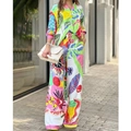 Completo due pezzi da donna con camicia floreale colorata e pantaloni larghi a vita alta - S / Stampa Colorata 7721