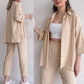 Women's 2-piece beige cotton linen set with long sleeve button shirt and elastic waist pants - M / Khaki