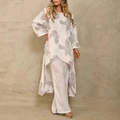 Damen Baumwolle Leinen Set mit abstraktem Druck und asymmetrischem Saum in Beige - M / Gebrochenes Weiß