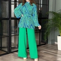 Conjunto de dos piezas para mujer con blusa de manga abullonada y pantalones anchos verdes - M / Conjunto Plisado Azul Verde