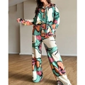Damen 2-Teiler mit Blumenprint, Langarm-Blusenhemd und weit geschnittener Hose - S / Weißer Blumendruck