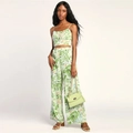 Chique tweedelige bloemenset met korte hemdtop en broek met hoge taille en brede pijpen - S / Lichtgroen Bloemen Set