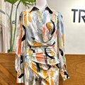 Detail of V-neck wrap dress with abstract oil painting print and pleated waistline - M / Orange Green Graffiti Print
