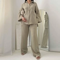 Ensemble deux pièces grande taille pour femme chemise à manches longues et pantalon large vert sauge - M / Haut Et Bas / Gris