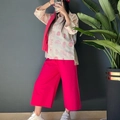 Women's two-piece cotton linen set featuring floral print shirt and wide-leg trousers - M / Rose Red