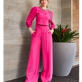 Conjunto chic rosa fucsia de dos piezas con top corto abullonado y pantalón ancho de talle alto - S / Rosa Rojo