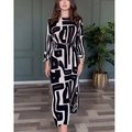 Elegantes Damen-Maxikleid mit geometrischem Muster, langen Ärmeln und schwarzem Gürtel - S / Geometrischer Druck (Mit Gürtel)