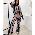 Conjunto de dos piezas para mujer con arte facial abstracto y pantalón de pierna ancha - S / Estampado Lavanda