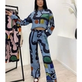 Conjunto de dos piezas para mujer con estampado de graffiti abstracto, top y pantalón - S / Estampado Azul