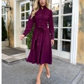 Elegant deep purple corduroy long-sleeved midi shirt dress with button front and waist belt - S / Reddish Brown