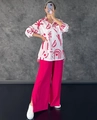 Completo 2 pezzi donna con camicia stampa astratta e pantaloni fucsia a gamba larga - M / Stile Floreale Rosa (1137)