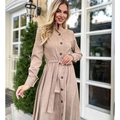 Elegant beige long-sleeve button-down dress with waist tie and standing collar - S / Khaki