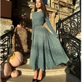Elegante donkergroene maxi-jurk met lange mouwen, bloemenprint en hoge taille voor dames - S / Grijsgroen