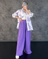 Set 3 pezzi da donna con camicia a maniche lunghe stampata viola e pantaloni a gamba larga - M / Stile Floreale Viola (1137)