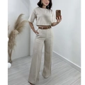 Ensemble chic pour femme avec crop top en lin beige et pantalon large taille haute - S / Blanc Chaux