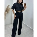 Ensemble chic pour femme en coton et lin avec crop top noir et pantalon large taille haute - S / Noir